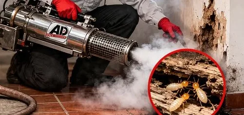 Técnico uniformado de AD Exterminating aplicando nebulización junto a una viga de madera comida por comején