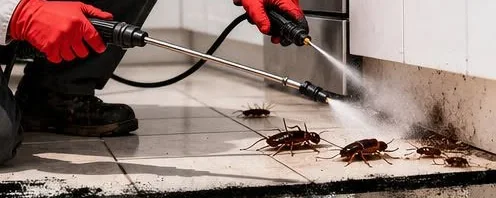 Técnico uniformado de AD Exterminating tratando el piso de una cocina donde hay cucarachas