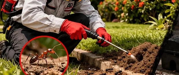Técnico uniformado de AD Exterminating tratando el borde de un jardín, con un acercamiento de hormigas