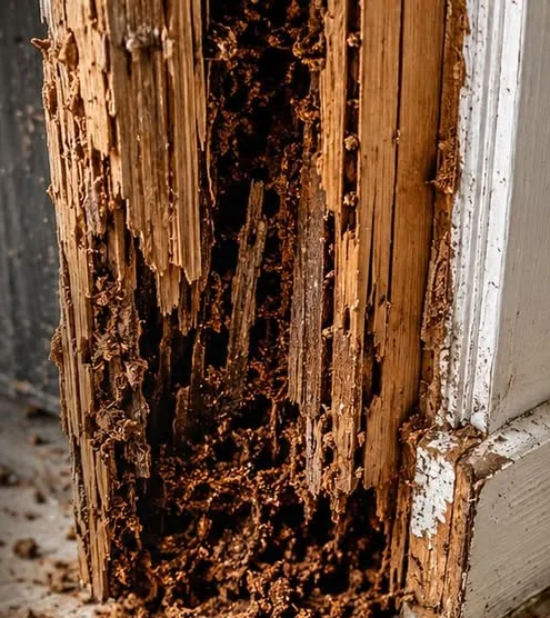 Poste de madera destruido por dentro por comején, con la madera deshecha en fibras y el marco de la puerta al lado