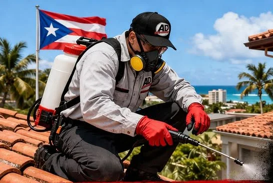 Técnico uniformado de AD Exterminating aplicando tratamiento sobre un techo de tejas, con la bandera de Puerto Rico al fondo
